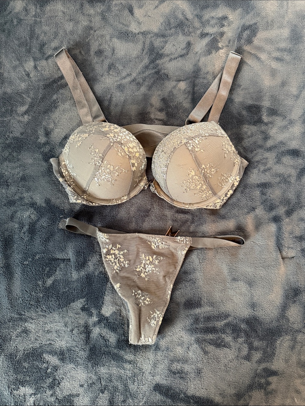 Victoria's Secret Embroidered Taupe Lace Push-Up Bra & Thong